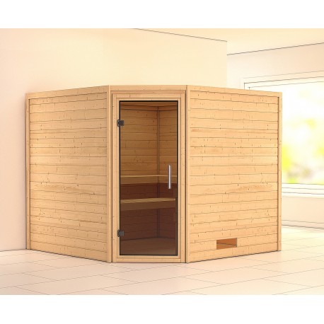 Sauna angolare tradizionale Leona Plug & Play - 7 posti 38mm senza cornice - con porta moderna Woodfeeling